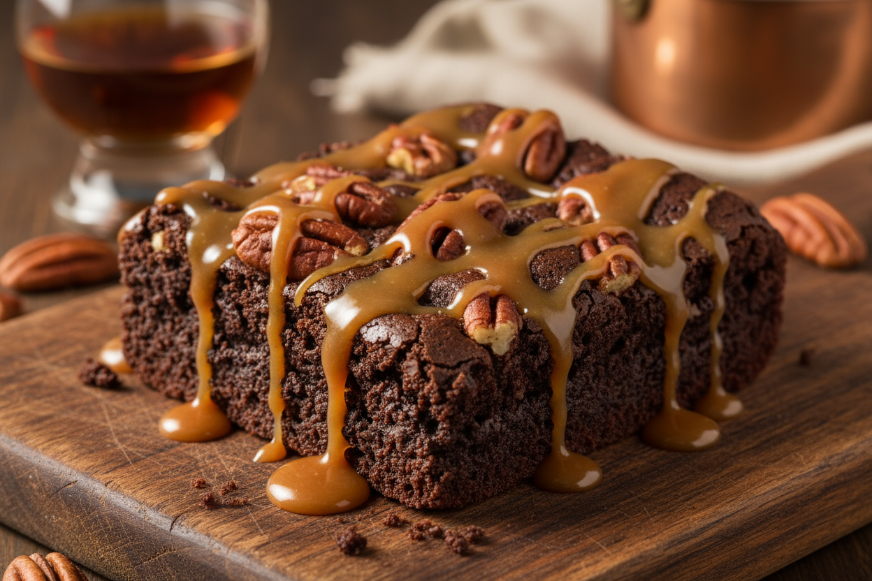 Bourbon Butter Babe

Boozy, fudgy brownie with pecans and a buttery caramel drizzle