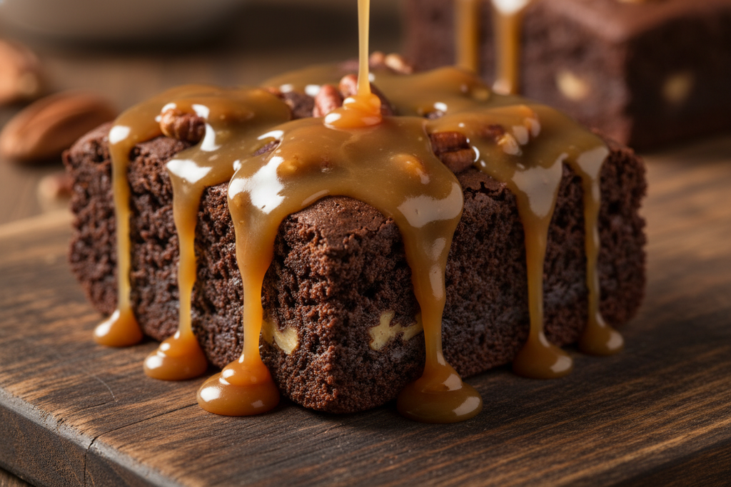 Bourbon Butter Babe

Boozy, fudgy brownie with pecans and a buttery caramel drizzle
