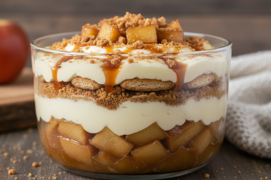 Caramel Apple Pie Pudding

Layers of tender caramel-baked apples, rich pudding, and buttery crumble nilla wafer cookies and Chessmen butter cookies come together in this cozy dessert twist on a fall classic. Creamy, comforting, and full of homemade warmth — it’s like apple pie and pudding fell in love.