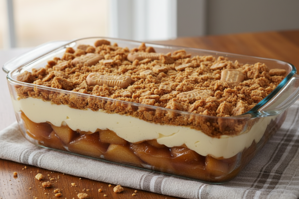 Caramel Apple Pie Pudding
Layers of tender caramel-baked apples, rich pudding, and buttery crumble nilla wafer cookies ; Chessmen butter cookies come together in this cozy dessert twist on a fall classic. Creamy, comforting, and full of homemade warmth — it’s like apple pie and pudding fell in love. rectangle clear glass dish