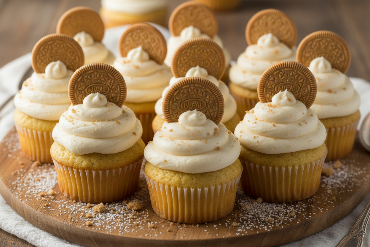 Make 12 cupcakes banana pudding cupcake with butter cream frosting on top with nilla wafer cookies ontop