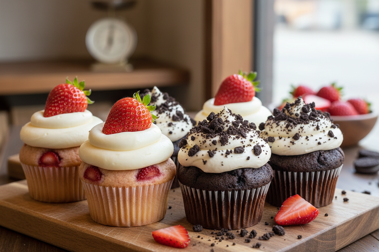 Mixed and match Strawberry Cupcakes and Chocolate Cup Cakes 6 Cupcakes Stawberry has real strawberry in side white frosting on top with strawberry on top and the chocolate cupcakes are cookie and cream with Oreo cookie on top