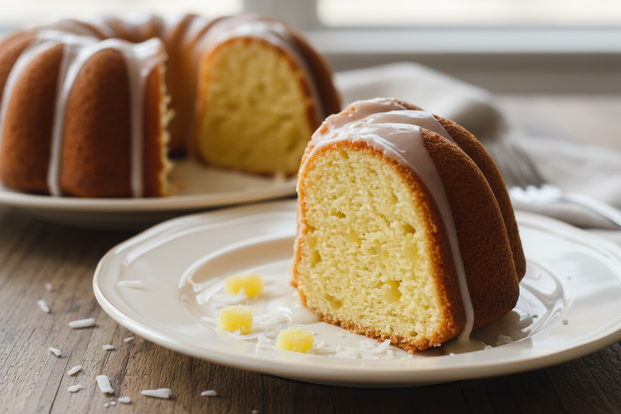 Slice of pineapple Bundt cake on serving 