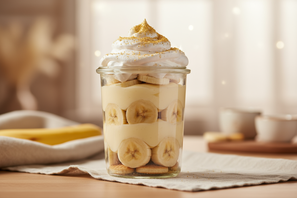 Soft Life Banana Pudding in a jar
Layers of vanilla wafers, fresh bananas, pudding, and whipped cream
&nbsp;Topped with gold dust + good energy
&nbsp;It’s “self-care in a spoon”—and your new favorite dessert
