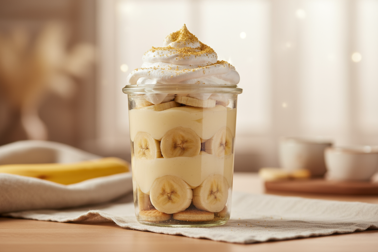 Soft Life Banana Pudding in a jar
Layers of vanilla wafers, fresh bananas, pudding, and whipped cream
&nbsp;Topped with gold dust + good energy
&nbsp;It’s “self-care in a spoon”—and your new favorite dessert