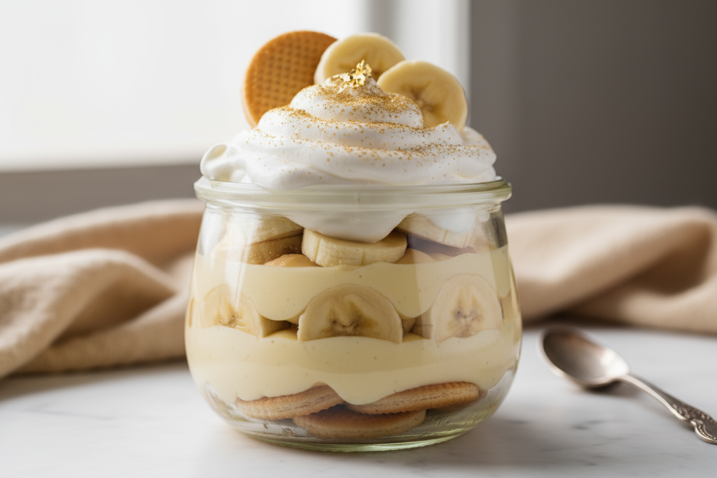 Soft Life Banana Pudding in a jar
Layers of vanilla wafers, fresh bananas, pudding, and whipped cream
&nbsp;Topped with gold dust + good energy
&nbsp;It’s “self-care in a spoon”—and your new favorite dessert